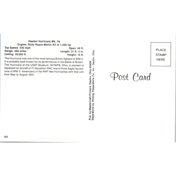 Hawker Hurricane Mk. IIa Vintage Postcard PC19 - Picture 2 of 2